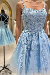 Short Blue Lace Semi Formal Prom Dressesses, Short Blue Lace Formal Homecoming Dresses